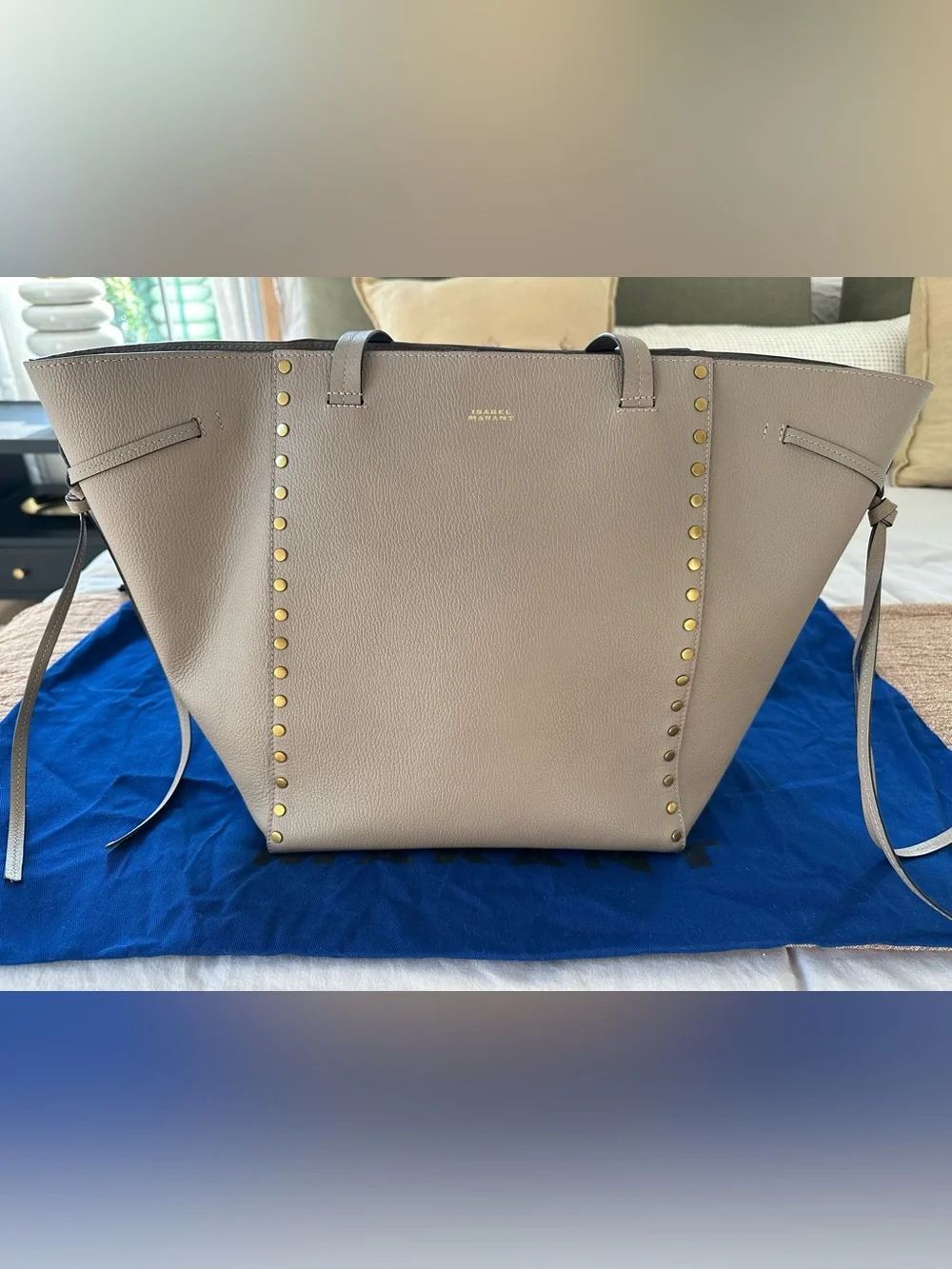 Isabel Marant Oskan Taupe Studded Leather Tote with Gold Accents